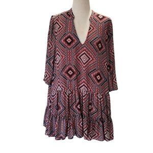 Melloday Tunic Top Dress Geometric Tiered Women’s 2X Boho V-Neck Long Sleeve